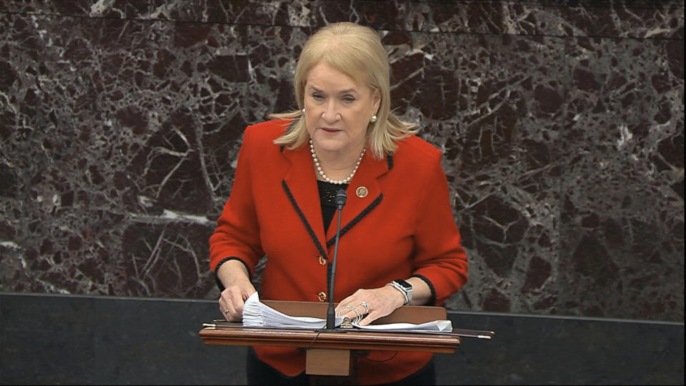 In this image from video, House impeachment manager Rep. Sylvia Garcia, D-Texas, speaks during the impeachment trial against President Donald Trump in the Senate at the U.S. Capitol in Washington, Thursday, Jan. 23, 2020. (Senate Television via AP)