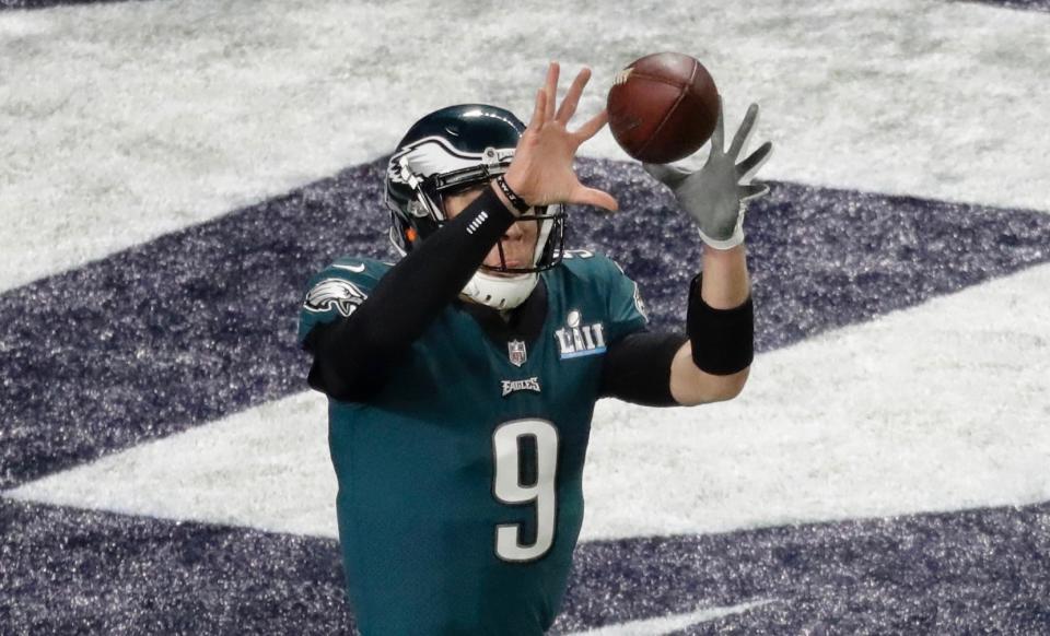 Philadelphia Eagles quarterback Nick Foles catches a pass for a touchdown against the New England Patriots during the first half of the NFL Super Bowl 52 football game Sunday, Feb. 4, 2018, in Minneapolis. (AP Photo/Eric Gay)