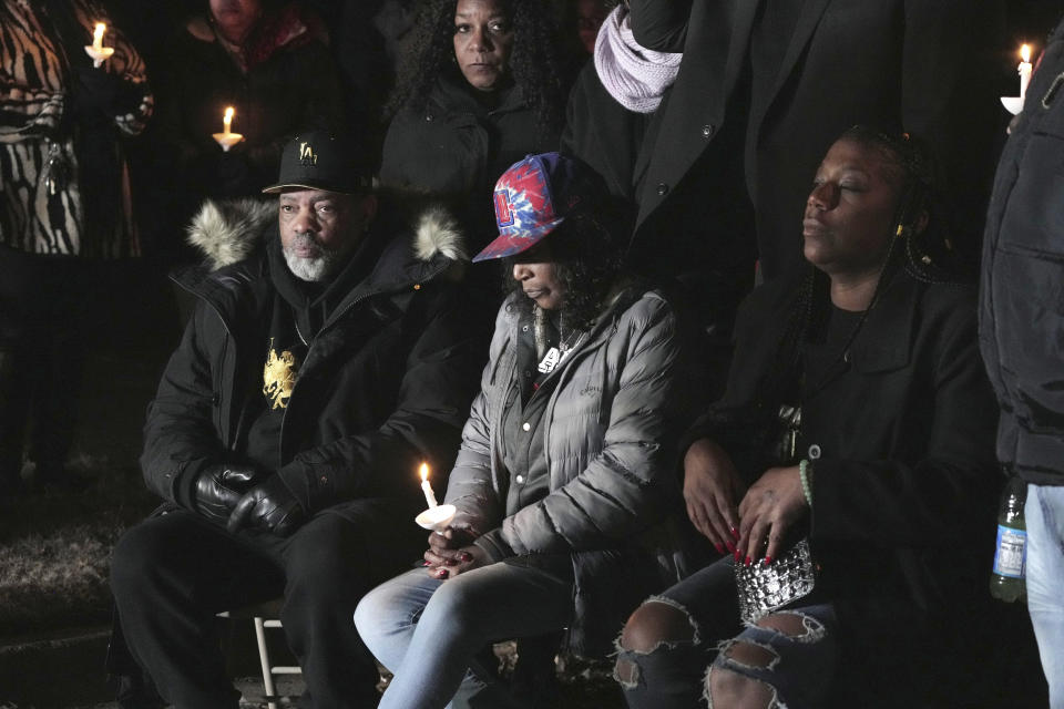 RowVaughn Wells, the mother of Tyre Nichols, sits quietly with her candle during a candlelight vigil for Nichols on the anniversary of his death Sunday, Jan. 7, 2024, in Memphis, Tenn. Nichols lost his life following a violent beating by five Memphis Police officers in January 2023. (AP Photo/Karen Pulfer Focht)