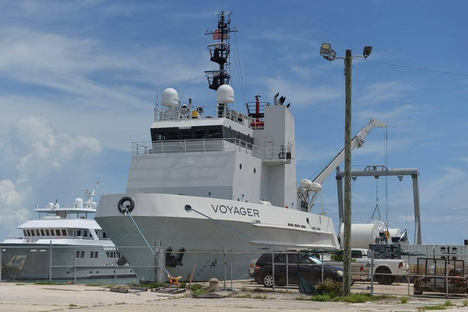 A ship named Voyager is seen docked at Beyel Brothers pier at the Port of Fort Pierce on Wednesday, Sept 4, 2024. The ship holds the prototype sphere Neptune from Space Perspective that will ferry passengers into the stratosphere.