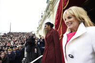 <p>First lady Michelle Obama and Jill Biden arrive on Capitol Hill in Washington, Friday, Jan. 20, 2017, for the presidential inauguration of Donald Trump. (Photo: Saul Loeb/Pool Photo via AP) </p>