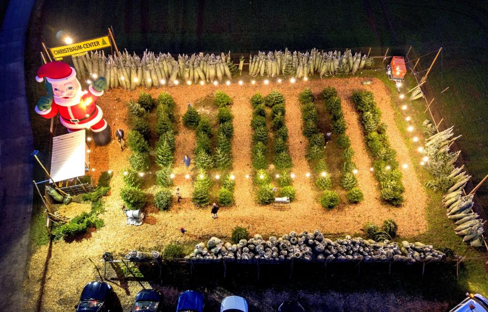 FILE - An inflatable Santa Claus decorates a vendor's Christmas tree market on a field near Frankfurt, Germany, Dec. 6, 2023. (AP Photo/Michael Probst, File)