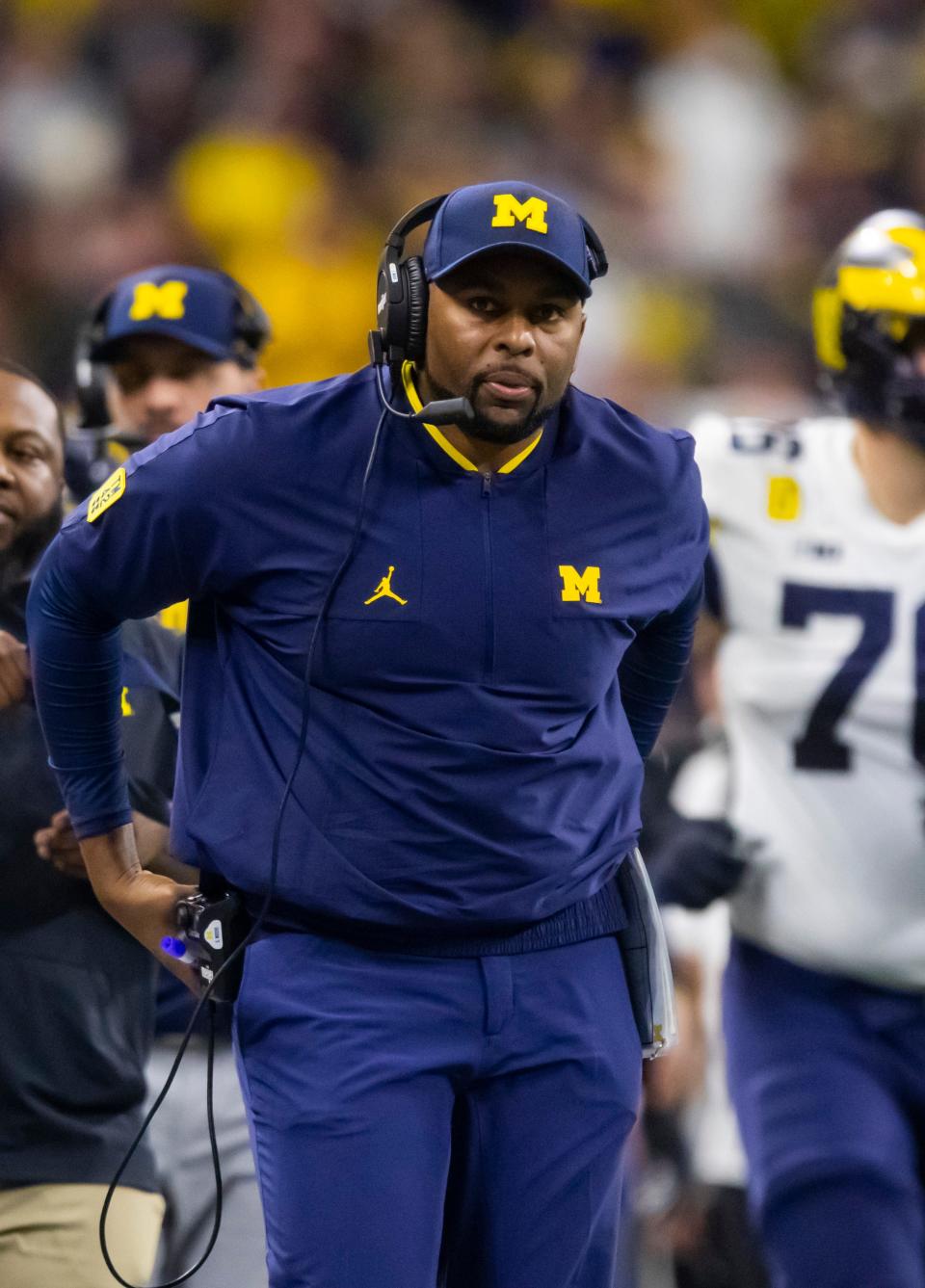 Michigan offensive line coach Sherrone Moore during the Big Ten championship game vs. Iowa at Lucas Oil Stadium, Dec. 4, 2021.