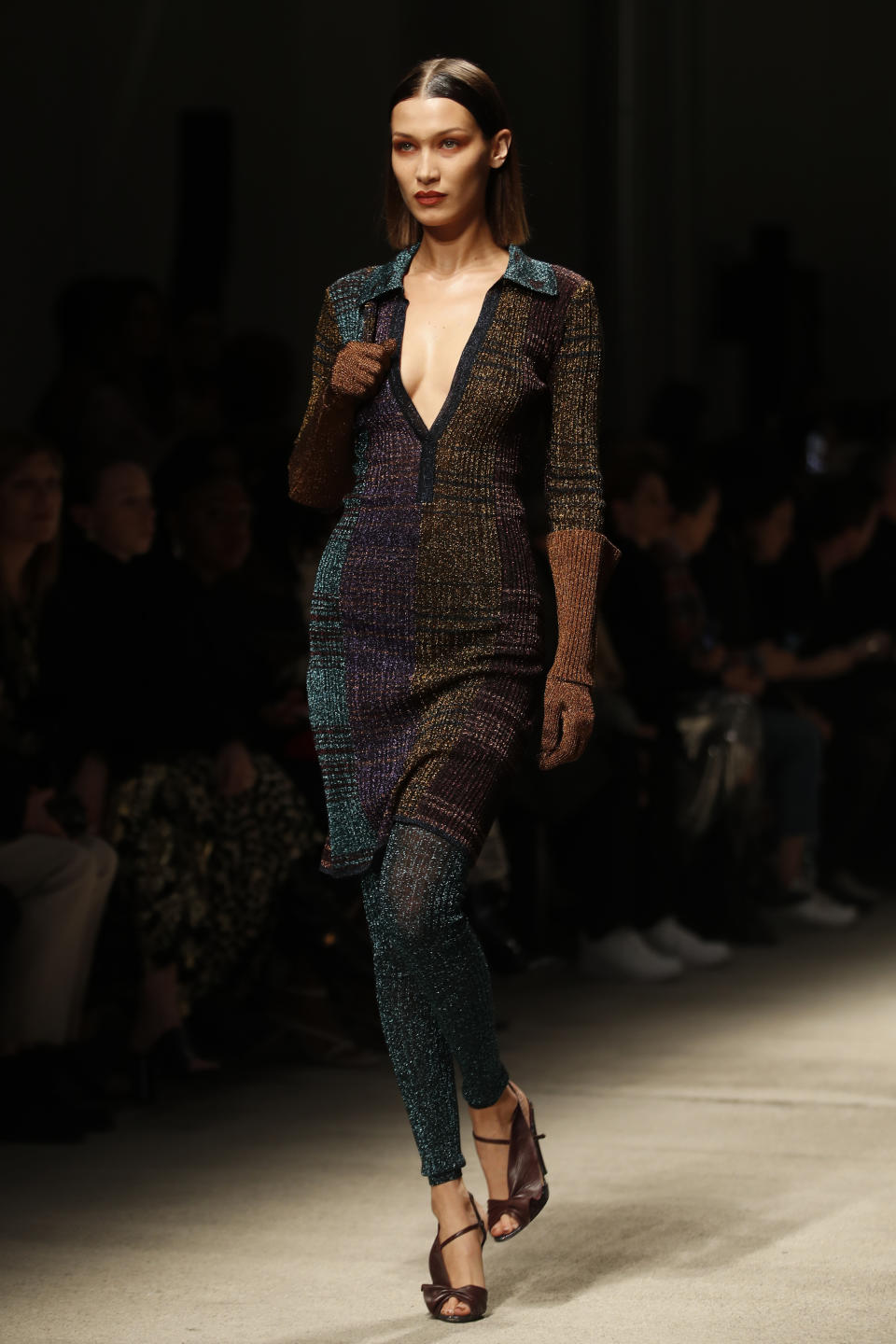 Model Bella Hadid wears a creation as part of the Missoni Fall/Winter 2020 collection, presented in Milan, Italy, Saturday, Feb. 22, 2020. (AP Photo/Antonio Calanni)