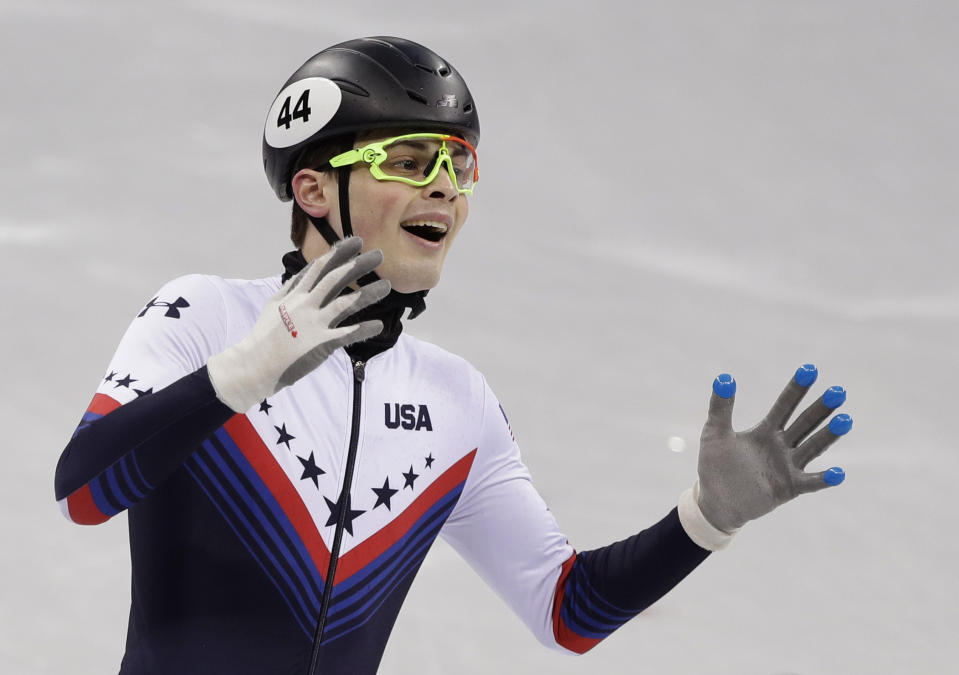 John-Henry Krueger crosses the finish line to win the silver medal in the men’s 1000 meters. (AP)