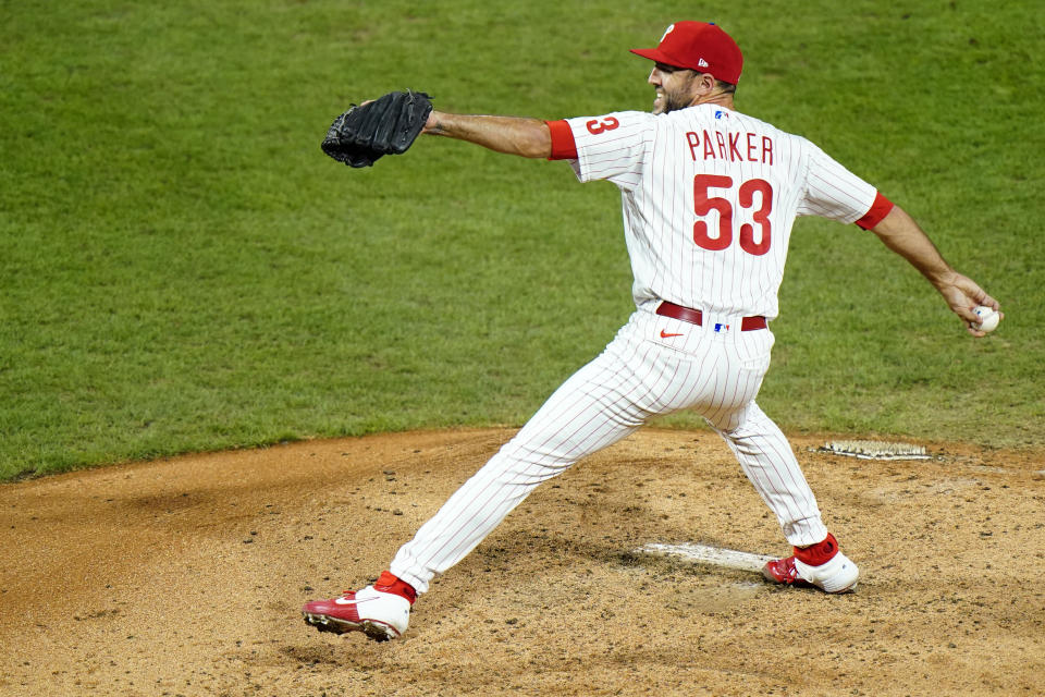 Philadelphia Phillies' Blake Parker pitches during the fifth inning of a baseball game against the New York Mets, Friday, Aug. 14, 2020, in Philadelphia. (AP Photo/Matt Slocum)