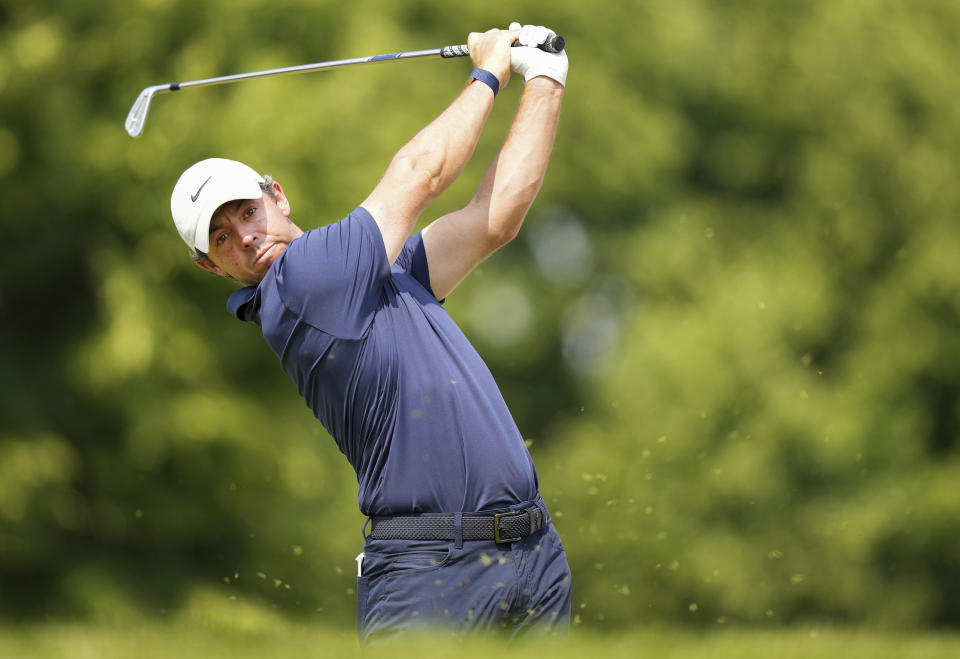 Rory McIlroy, of Northern Ireland, tees off on the 10th hole during the third round of the Canadian Open golf tournament in Toronto, Saturday, June 10, 2023. (Nathan Denette/The Canadian Press via AP)