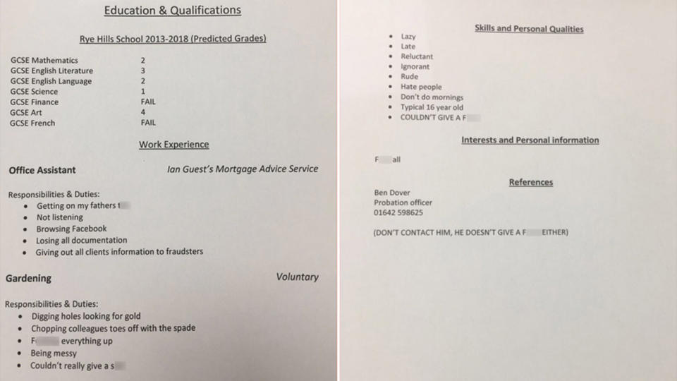 Lauren Guest’s dad wrote up a brutally funny CV for her. Source: Twitter/Lauren Guest