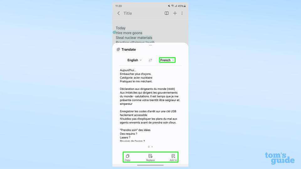 Galaxy AI Notes translation feature