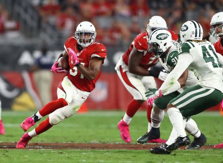 Oct 17, 2016; Glendale, AZ, USA; Arizona Cardinals running back David Johnson (31) runs the ball against the New York Jets at University of Phoenix Stadium. The Cardinals defeated the Jets 28-3. Mandatory Credit: Mark J. Rebilas-USA TODAY Sports