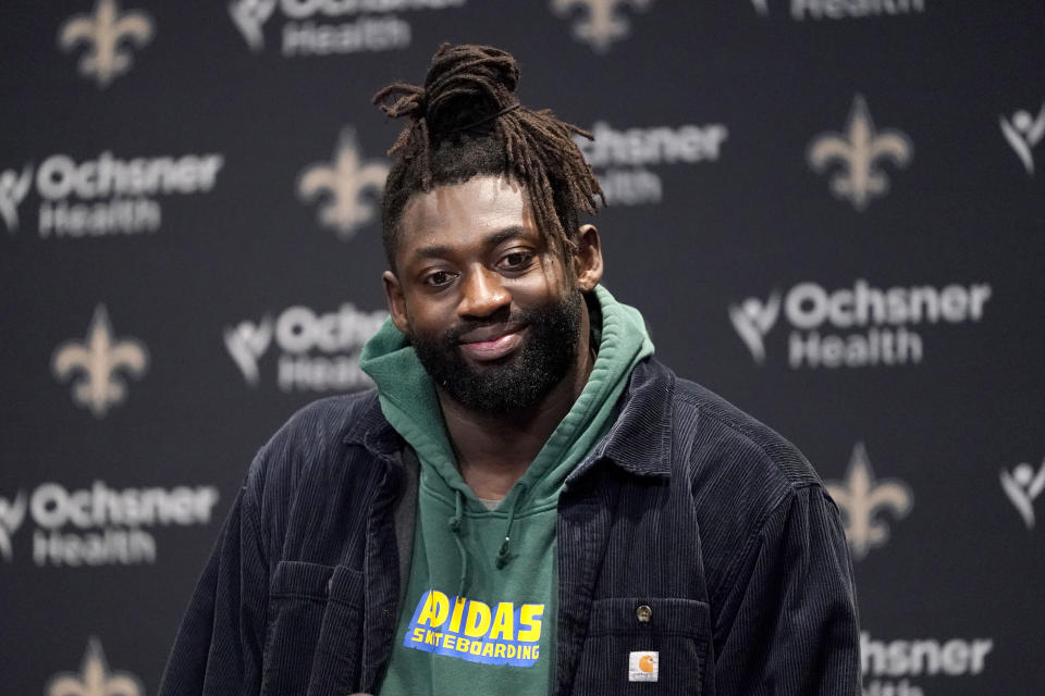 New Orleans Saints defensive end Tanoh Kpassagnon speaks during a news conference following an NFL football game against the New York Giants Sunday, Dec. 17, 2023, in New Orleans. The Saints won 24-6. (AP Photo/Gerald Herbert)