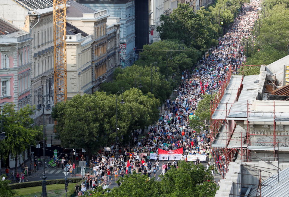 Demonstrators protest against the planned Chinese Fudan University campus in Budapest, Hungary, June 5, 2021. REUTERS/Bernadett Szabo