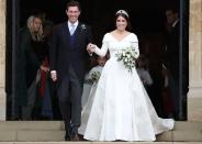 <p>The newlyweds were all smiles before setting off on their dreamy <a href="https://www.townandcountrymag.com/society/tradition/a22333073/princess-eugenie-jack-brooksbank-wedding-carriage-ride-windsor/" rel="nofollow noopener" target="_blank" data-ylk="slk:carriage procession;elm:context_link;itc:0;sec:content-canvas" class="link ">carriage procession</a>. </p>