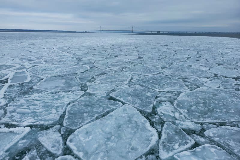 Ice formations near the Mackinac Bridge