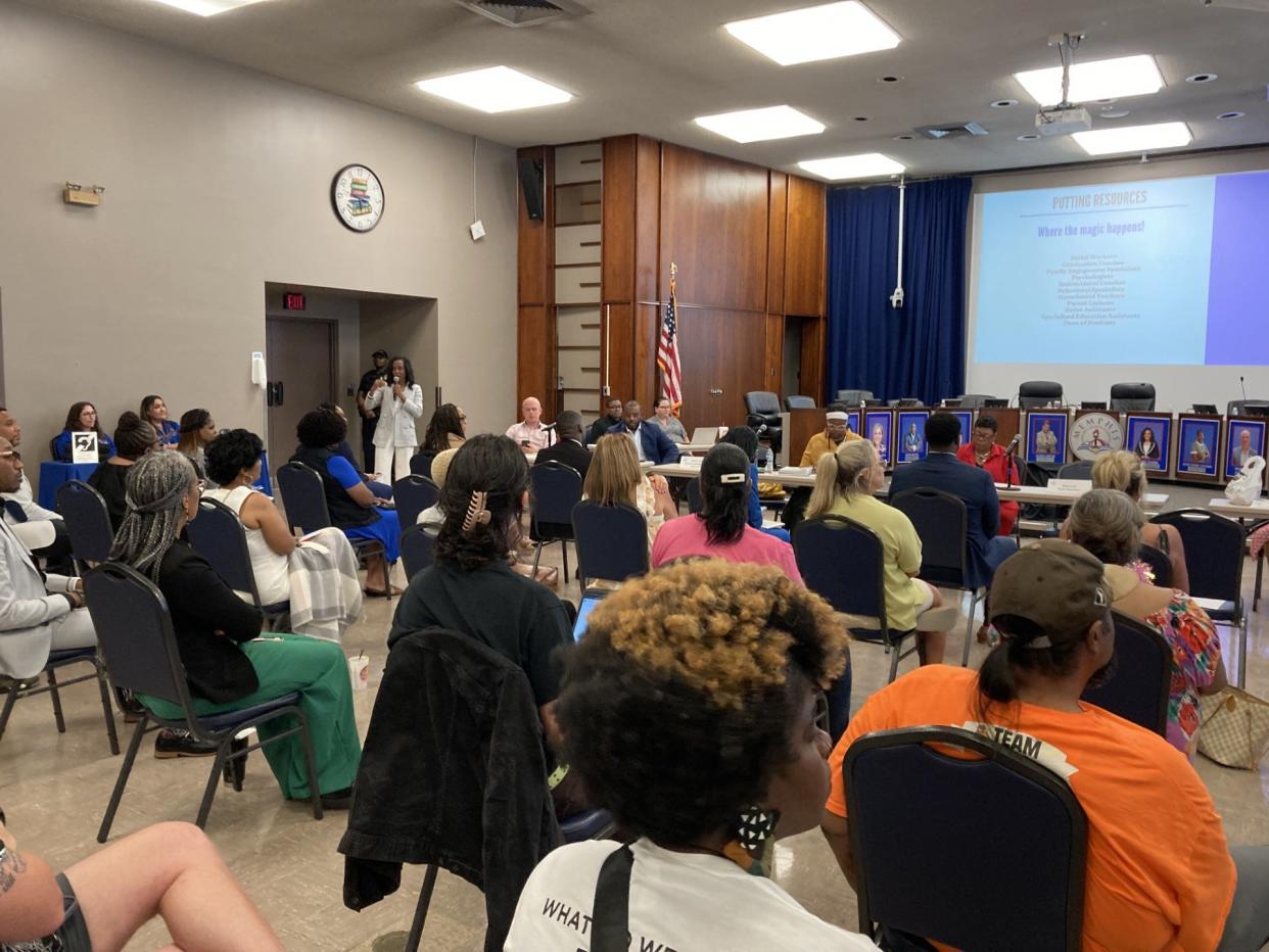 MSCS superintendent Marie Feagins speaks to community members during a budget community engagement meeting on Thursday, June 14.