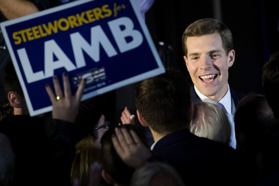 Conor Lamb celebrates his election win in Pennsylvania in 2018 after snagging a longtime GOP congressional seat from Republican candidate Rick Saccone, who had been endorsed by Donald Trump. (Drew Angerer via Getty Images)