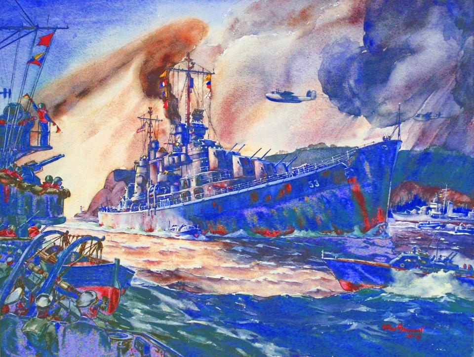 War Weary USS San Diego Returns to Home Port, 1967, by artist Arthur Beaumont