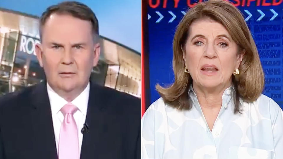 Tony Jones and Caroline Wilson clashed during a brief promotional spot for Footy Classified on Monday night, arguing over the merits of Lachie Neale's trade request from Brisbane. Pictures: Channel 9