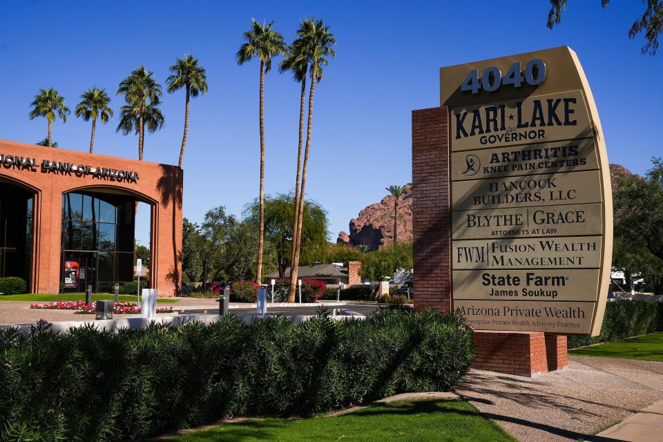 The exterior of Kari Lake's campaign office located in a multi-suite building in Phoenix on Sunday, Nov. 6, 2022.