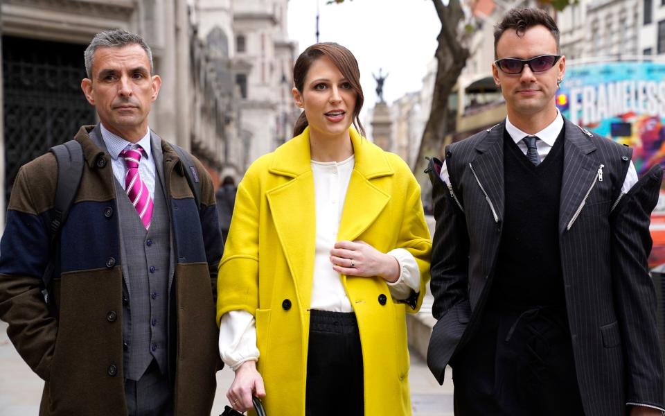 Simon Blake (left), Nicola Thorp and Colin Seymour (right) arriving at the Royal Courts Of Justice, central London