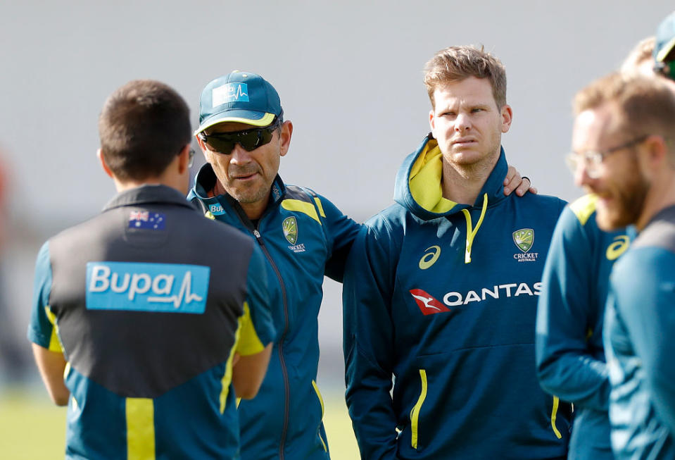 Justin Langer, coach of Australia,  speaks to Steve Smith of Australia during the Australia Nets session at Headingley on August 20, 2019 in Leeds, England. (Photo by Ryan Pierse/Getty Images)