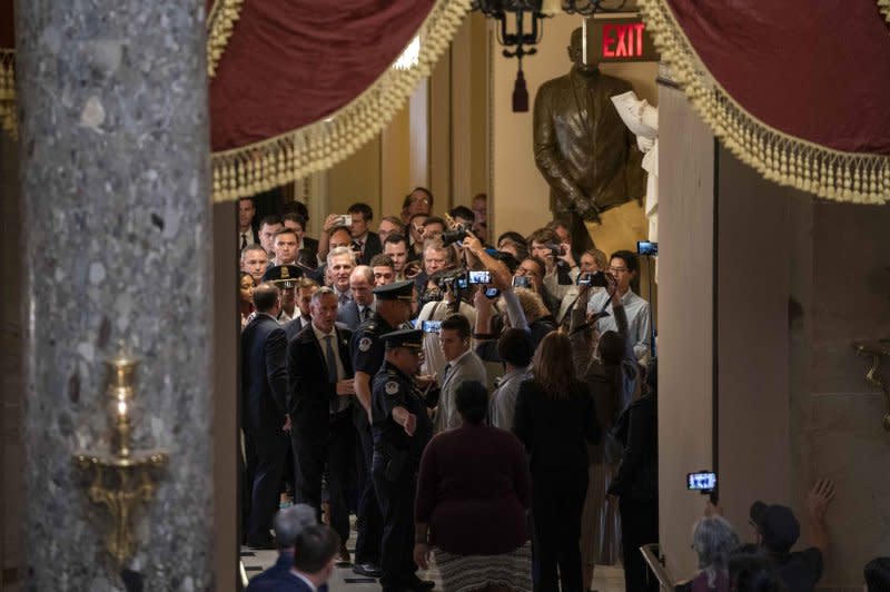 Rep. Kevin McCarthy leaves the House chamber after being ousted as speaker of the House at the U.S. Capitol in Washington, D.C., on Tuesday. Photo by Bonnie Cash/UPI