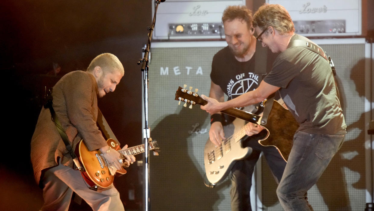  Andrew Watt joins Jeff Ament and Stone Gossard of Pearl Jam onstage during the 2021 Ohana Music Festival on September 26, 2021 in Dana Point, California. 