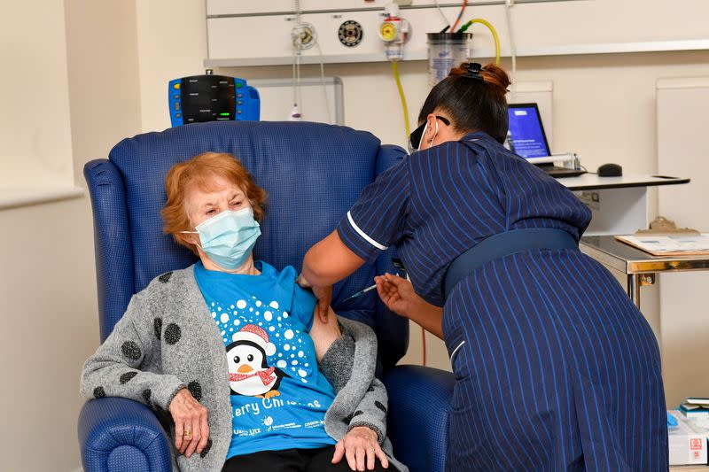 Margaret Keenan, 90, is the first patient in Britain to receive the Pfizer/BioNtech COVID-19 vaccine at University Hospital in Coventry