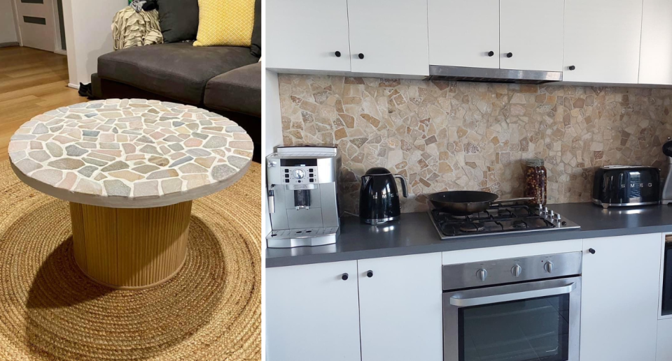 Renovators shared various uses for the Kmart tiles, including coffee tables and kitchen glow-ups. Photos: Facebook/Target, Big W & Kmart Inspired Decor