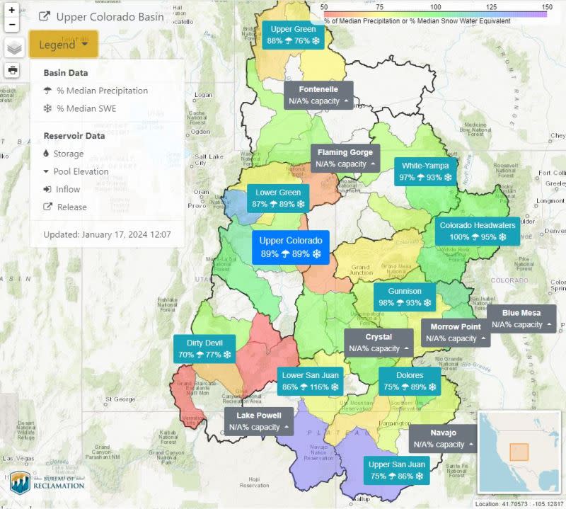 The blue box at the center of the map summarizes precipitation and snow water equivalent measurements — both at 89% of average — for the Upper Colorado River Basin.