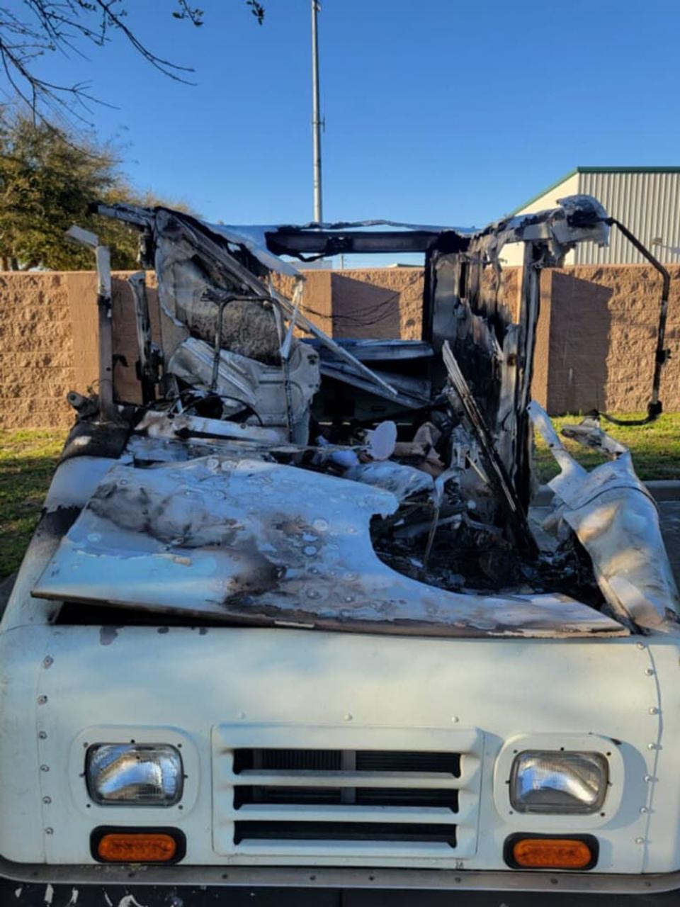 This U.S. Postal Service delivery truck was destroyed in a fire that took place late Sunday morning in Miramar Beach.