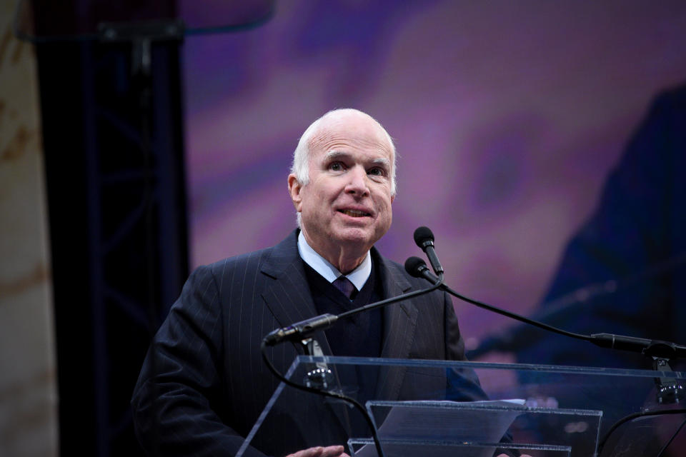 Sen. John McCain (R-Ariz.) speaks after being awarded the 2017 Liberty Medal by former Vice President Joe Biden in Philadelphia on Oct. 16, 2017. (Photo: Charles Mostoller/Reuters)