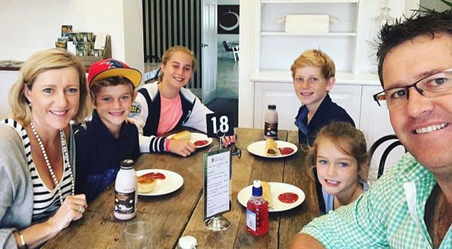 The kids - Sam, aged nine, Phoebe, seven, Liam, 13, and Stacie, 11, seen with their parents - were splashing in the pool later in the afternoon. Source: Facebook