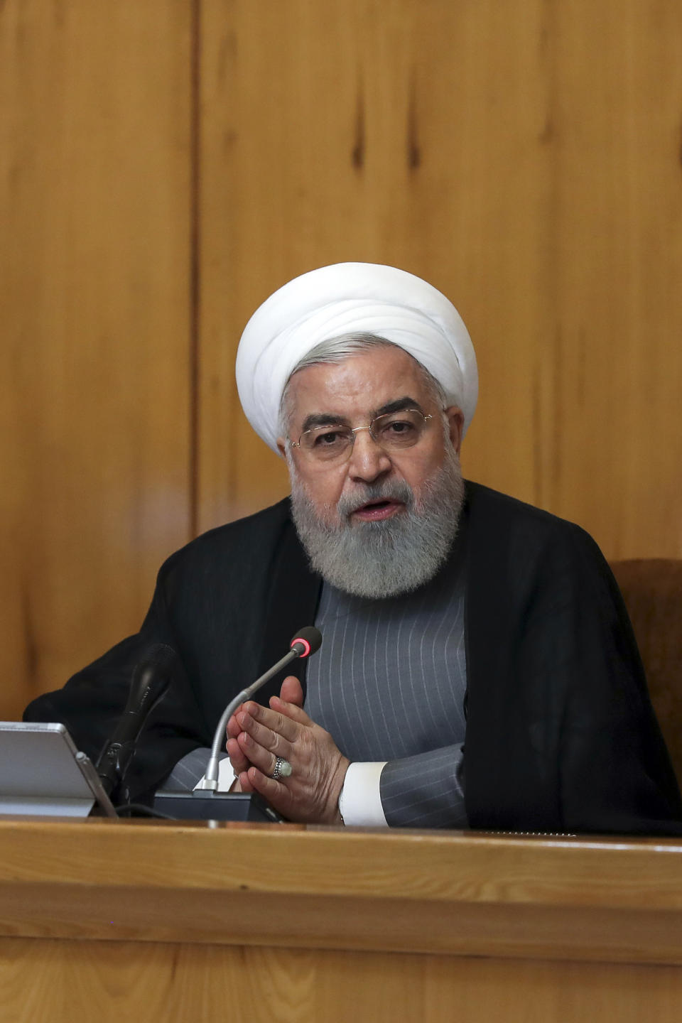 In this photo released by the official website of the office of the Iranian Presidency, President Hassan Rouhani speaks in a cabinet meeting in Tehran, Iran, Wednesday, July 3, 2019. Rouhani warned European partners in its faltering nuclear deal on Wednesday that Tehran will increase its enrichment of uranium to "any amount that we want" beginning on Sunday, putting pressure on them to offer a way around intense U.S. sanctions targeting the country. (Iranian Presidency Office via AP)