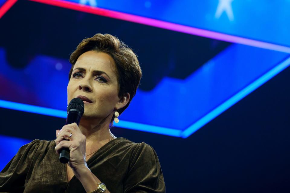 Former Republican candidate for governor of Arizona, Kari Lake speaks at Turning Point USA's 2023 America Fest in the Phoenix Convention Center on Dec. 17, 2023, in Phoenix.