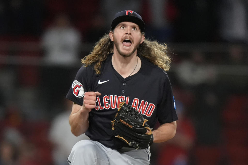 Cleveland Guardians pitcher Scott Barlow celebrates after striking out Boston Red Sox’s Masataka Yoshida to end the baseball game Tuesday, April 16, 2024, in Boston. (AP Photo/Steven Senne)