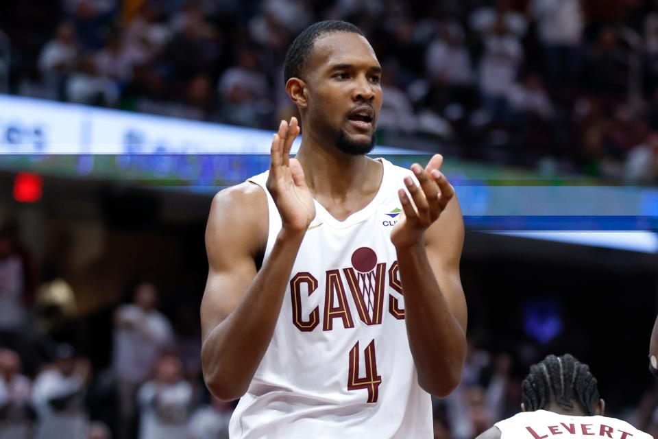 Cavaliers forward Evan Mobley celebrates a stop against the Knicks during the second half in Game 2 of a first-round playoff series, Tuesday, April 18, 2023, in Cleveland.