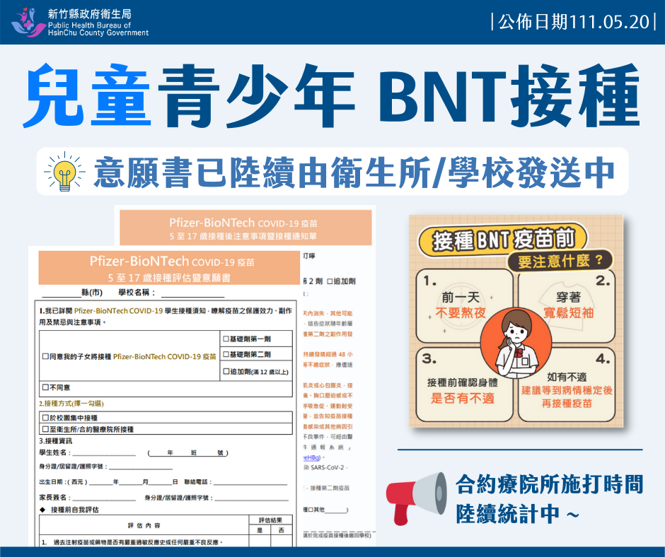 竹縣衛生局表示，20日起校園將陸續收到意願書。 圖：新竹縣政府提供