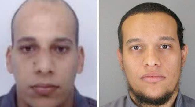 Brothers Cherif Kouachi (left) and Said Kouachi (right, both French nationals in their early 30s, and 18-year-old Hamyd Mourad, are suspected for the murder of 12 people in Paris. Photo: Police