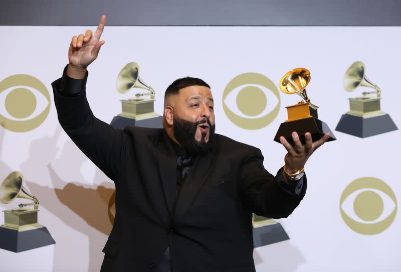 62nd Grammy Awards – Photo Room – Los Angeles, California, U.S., January 26, 2020 - DJ Khaled poses backstage with his Best Rap Song Performance award for "Higher" featuring Nipsey Hussle and John Legend