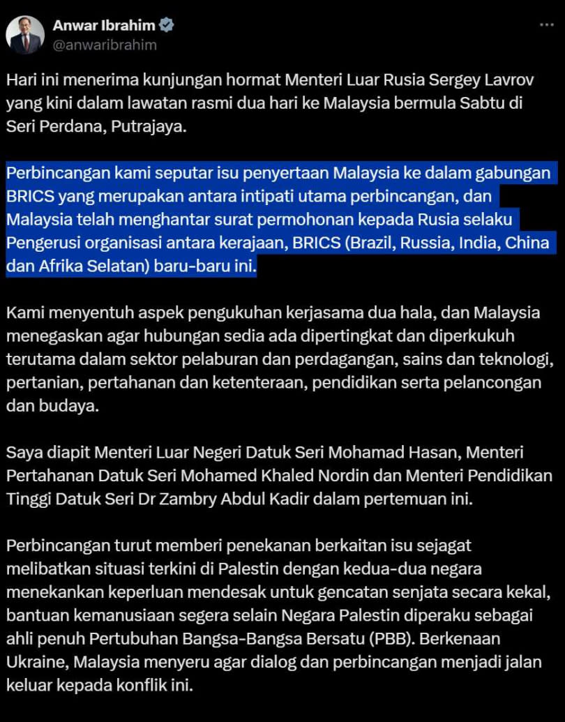 馬來西亞首相安華發文表示，和俄羅斯外長拉夫羅夫進行了兩日對談，主要在探討馬來西亞申請加入金磚國家。（圖／翻攝自X）