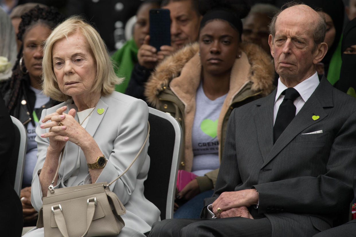 LONDON, ENGLAND - JUNE 14: The Duke and Duchess of Kent attend a service at the base of the Grenfell Tower on the one year anniversary of the Grenfell Tower fire on June 14, 2018 in London, England. In one of Britain's worst urban tragedies since World War II, a devastating fire broke out in the 24-storey Grenfell Tower on June 14, 2017 where 72 people died from the blaze in the public housing building of North Kensington area of London. (Stefan Rousseau / WPA Pool / Getty Images)