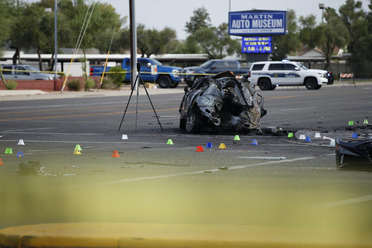 A  destroyed car at the scene of an accident between North 43th Avenue and West Thunderbird Road in Phoenix on July 22, 2022.
