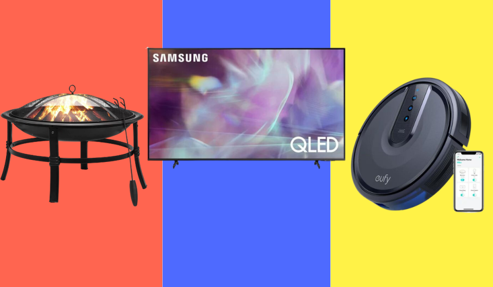 A firepit, a Samsung flatscreen, and a Eufy robovac
