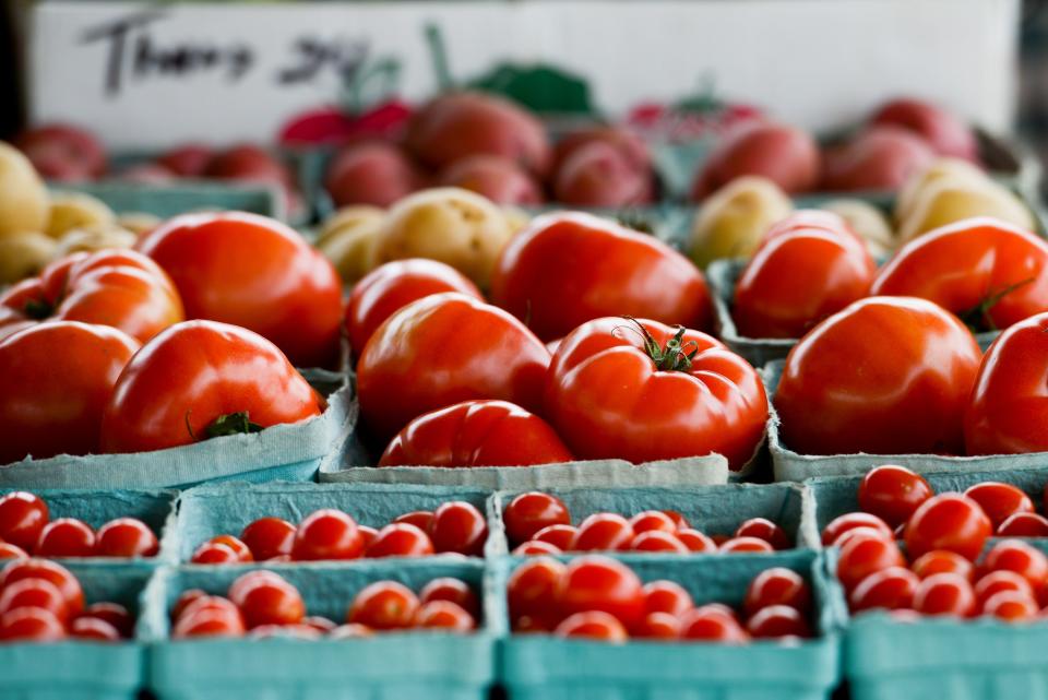 Tomatoes and other produce on display during the opening day of the New Hartford Farmers Market in June, 2019 at Sherrill Brook Park in this file photo. Produce that is grown hydroponically include lettuces, tomatoes and cucumbers.