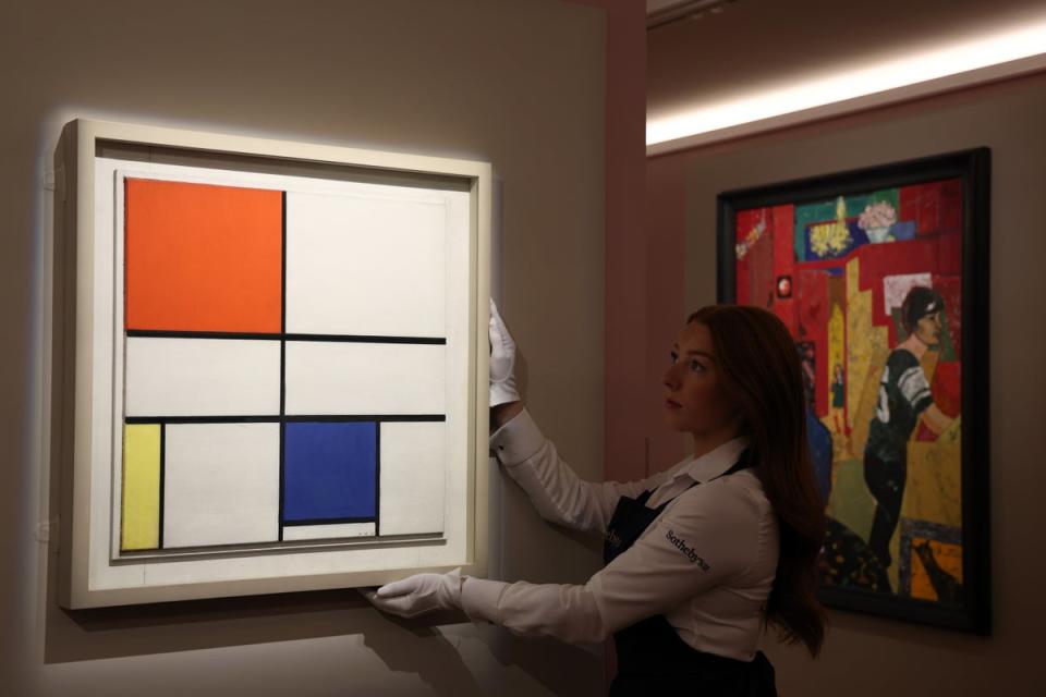 Piet Mondrian’s iconic 1935 painting Composition C (No.III) with Red, Yellow, and Blue is on view at Sotheby (Getty Images for Sotheby's)