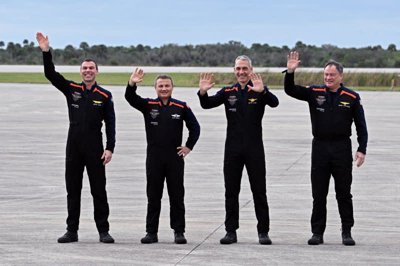 Astronauts (l to r) Mission Specialists Marcus Wandt, Alper Gezeravci, pilot Walter Villadei and Commander Michael Lopez-Alegria began their journey back from the ISS on Wednesday, after weather delayed their departure by four days. File Photo by Joe Marino/UPI