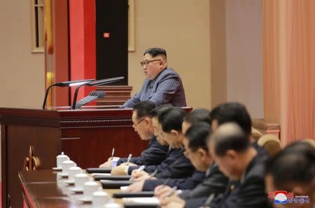 North Korean leader Kim Jong Un makes a speech at 5th Conference of Cell Chairpersons of the Workers' Party of Korea (WPK) on December 23 in this photo released by North Korea's Korean Central News Agency (KCNA) in Pyongyang December 24, 2017. KCNA/via REUTERS/Files