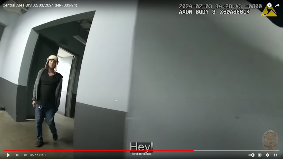 A screenshot of body camera footage released by the Los Angeles Police Department shows the deadly encounter that ended with an officer fatally shooting Jason Maccani, 36, of Camarillo.