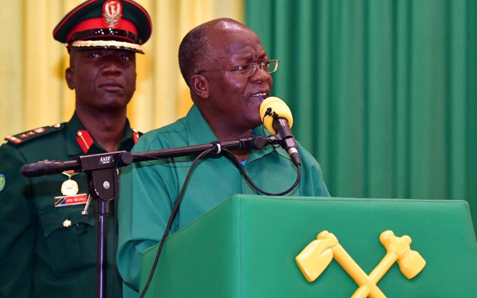 Tanzania ruling party CCM Presidential Candidate President John Magufuli addresses Dodoma region elders at the climax of his election campaign on Tuesday. Tuesday, Oct. 27, 2020. - AP